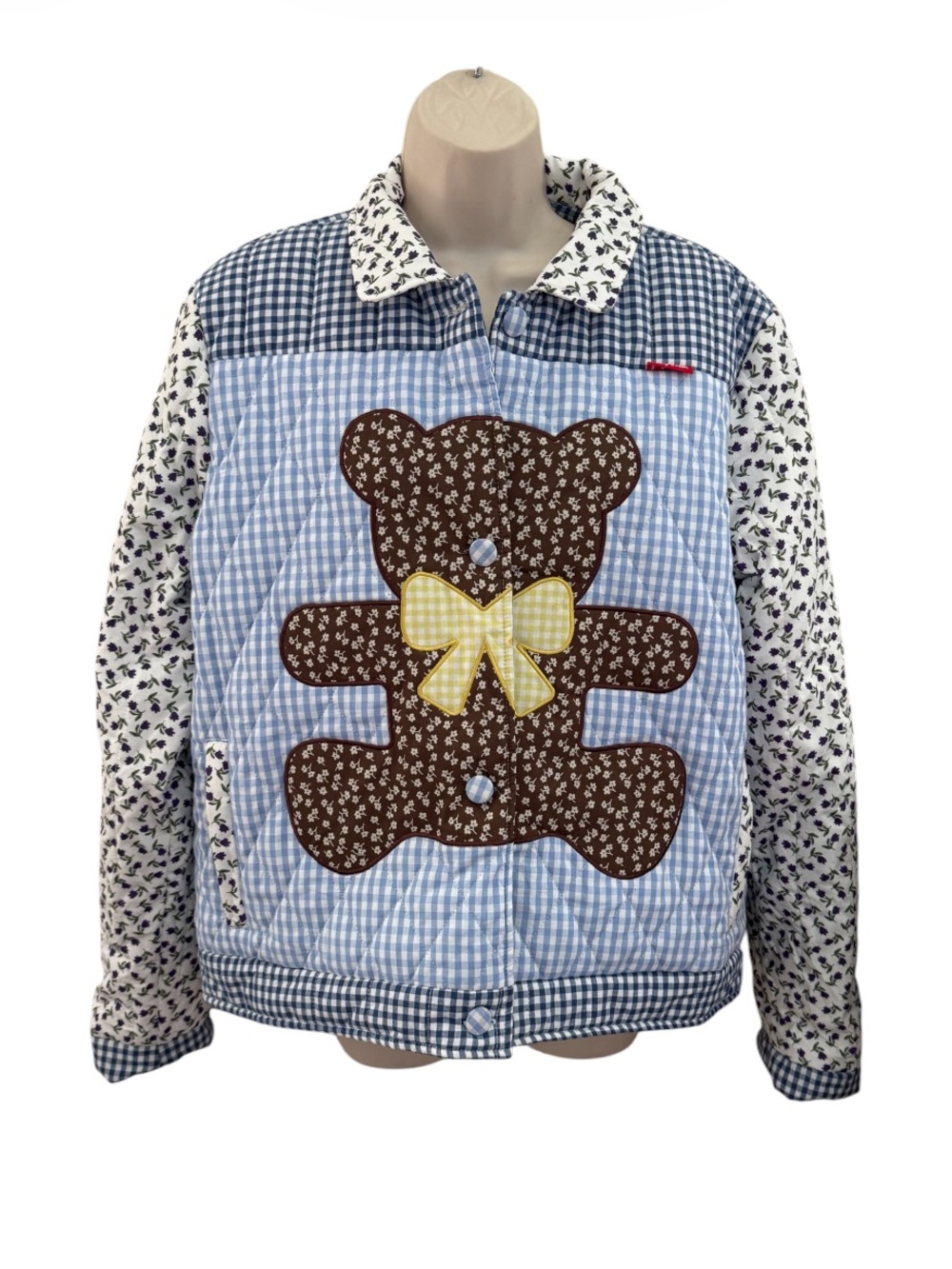 Teddy Fresh Teddy Bear Patchwork Quilted Jacket Gingham Floral Cottagecore M